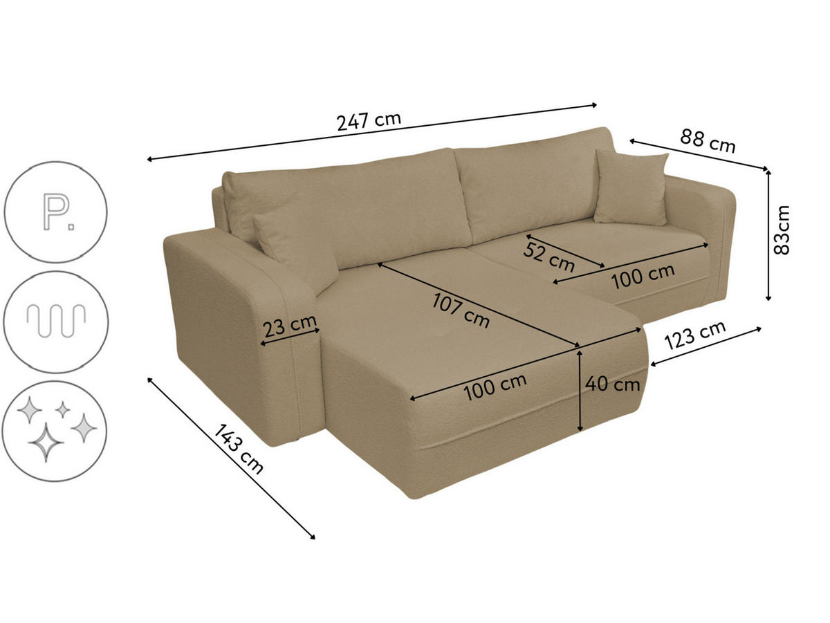 ECKSOFA Oreo L-Form Mit Bettkasten Und Schlaffunktion Quelle-Stoff Hellbraun Links - Hellbraun, Holz (143/247cm) - Kaiser Möbel