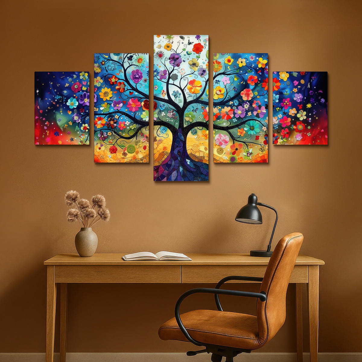 LEINWANDBILD 5er Set Bunt - Baum des Lebens - Blumen - Abstrakt 150x80 cm - Blau, Textil (150/80cm) - MuchoWow