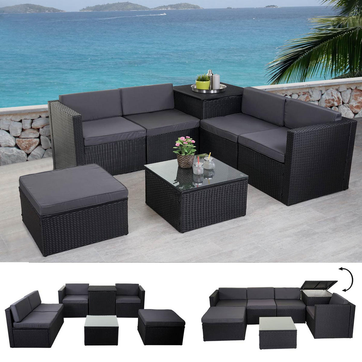 POLY-RATTAN-GARNITUR STAUFACH Anthrazit - Anthrazit, Kunststoff - MCW