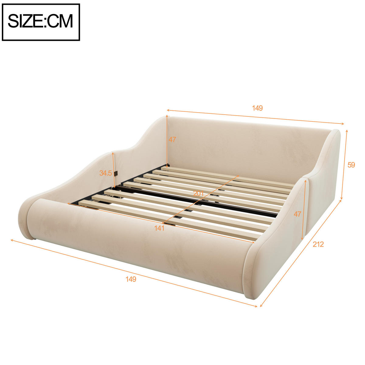 KINDERBETT mit Polsterung aus Samt 140x200 cm Beige mit hohem Kopfteil und Seitenschutzgittern - Beige, Textil (140/200cm) - Modfu