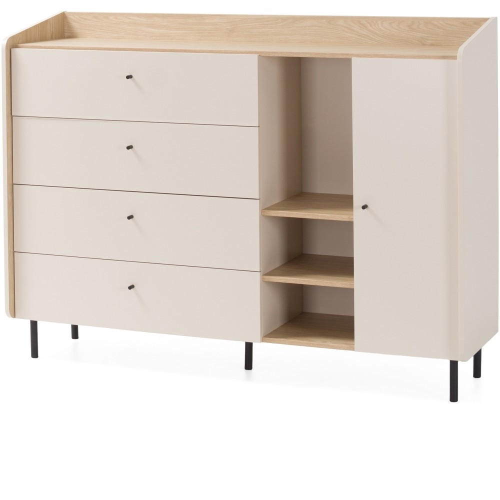 KOMMODE Alex mit 1 Tür und 4 Schubladen, Beige Sand - Beige/Schwarz, Holzwerkstoff (155/115/42cm) - Beautysofa