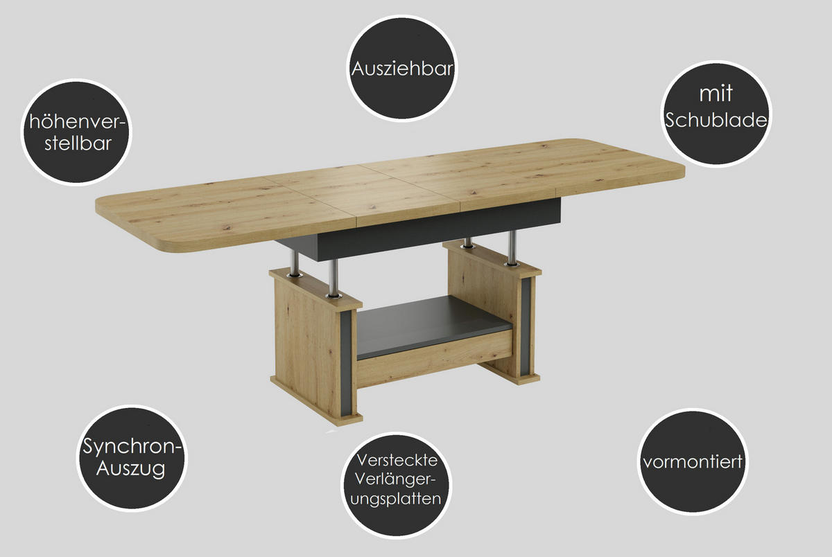 COUCHTISCH rechteckig Eiche Gold Schwarz ausziehbar höhenverstellbar - Eichefarben/Schwarz, Holzwerkstoff (70/120/60cm) - designimpex