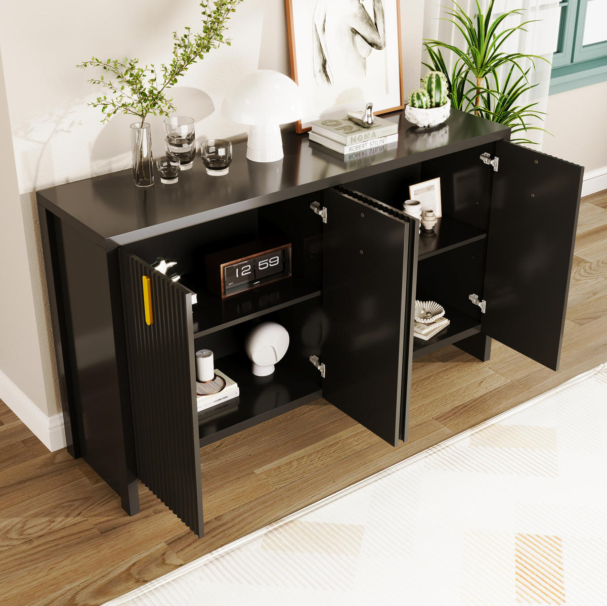 SIDEBOARD mit 4 Türen und verstellbaren Einlegeböden, 140/38/80 cm, Schwarz mit goldenen Griffen - Schwarz, Holzwerkstoff (140/38/80cm) - Redom