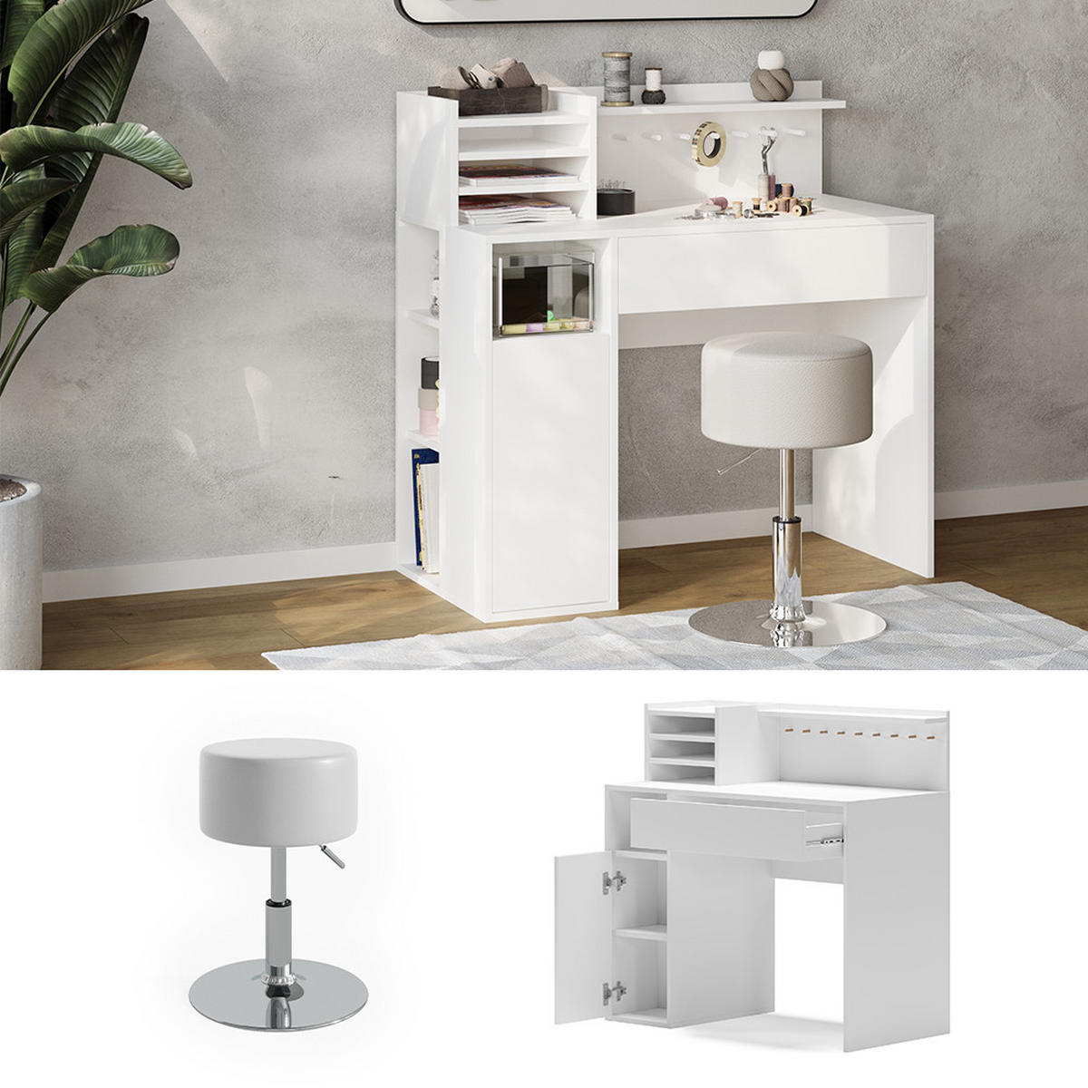 SCHREIBTISCH Weiß 2 Teile, mit Hocker - Weiß, Holzwerkstoff (50/100/100cm) - Vicco