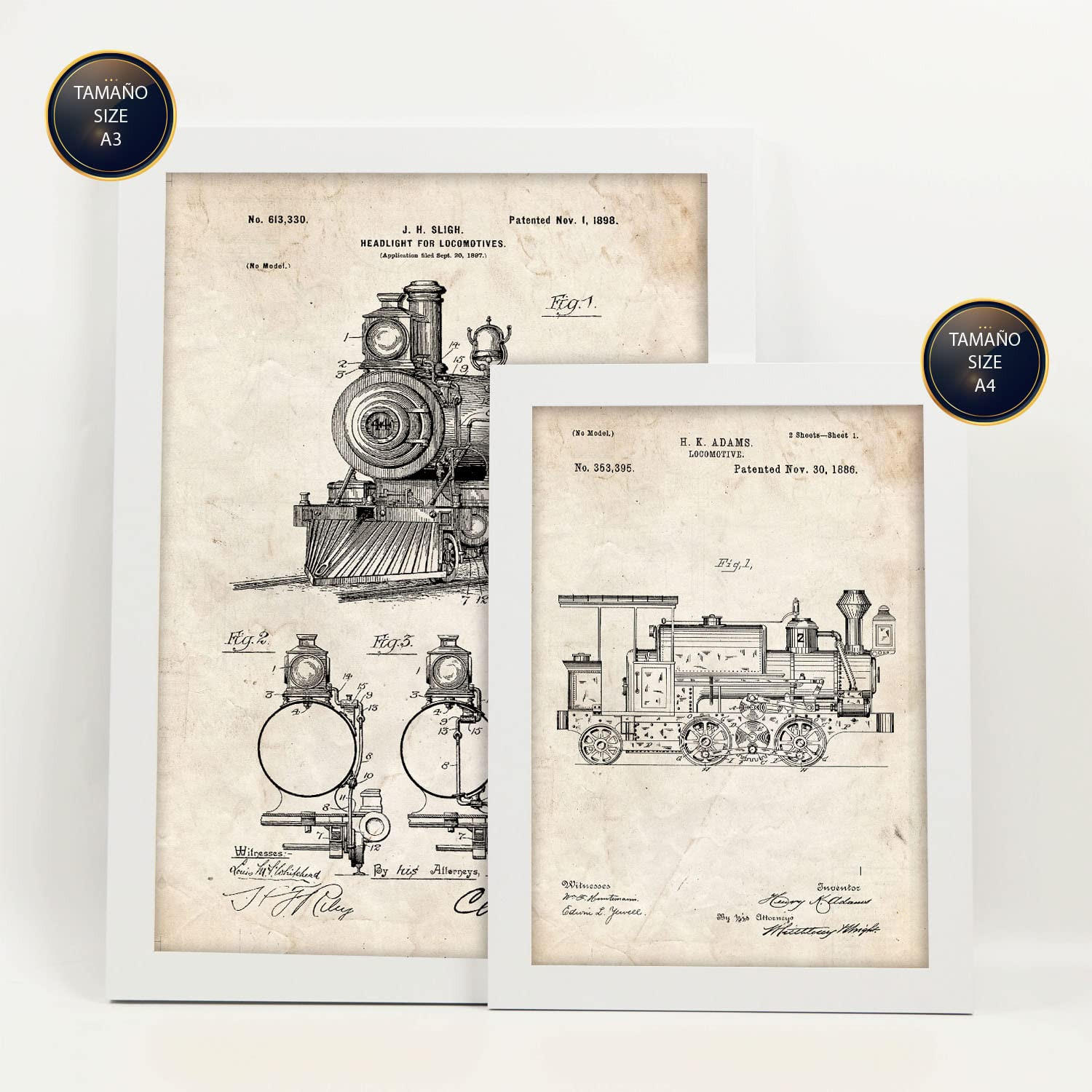 POSTER Set Mit 6 Plakaten Mit Zug Patenten Im Vintage Stil A3 & A4 Weißer Rahmen - Weiß, Papier (29/3cm) - Nacnic