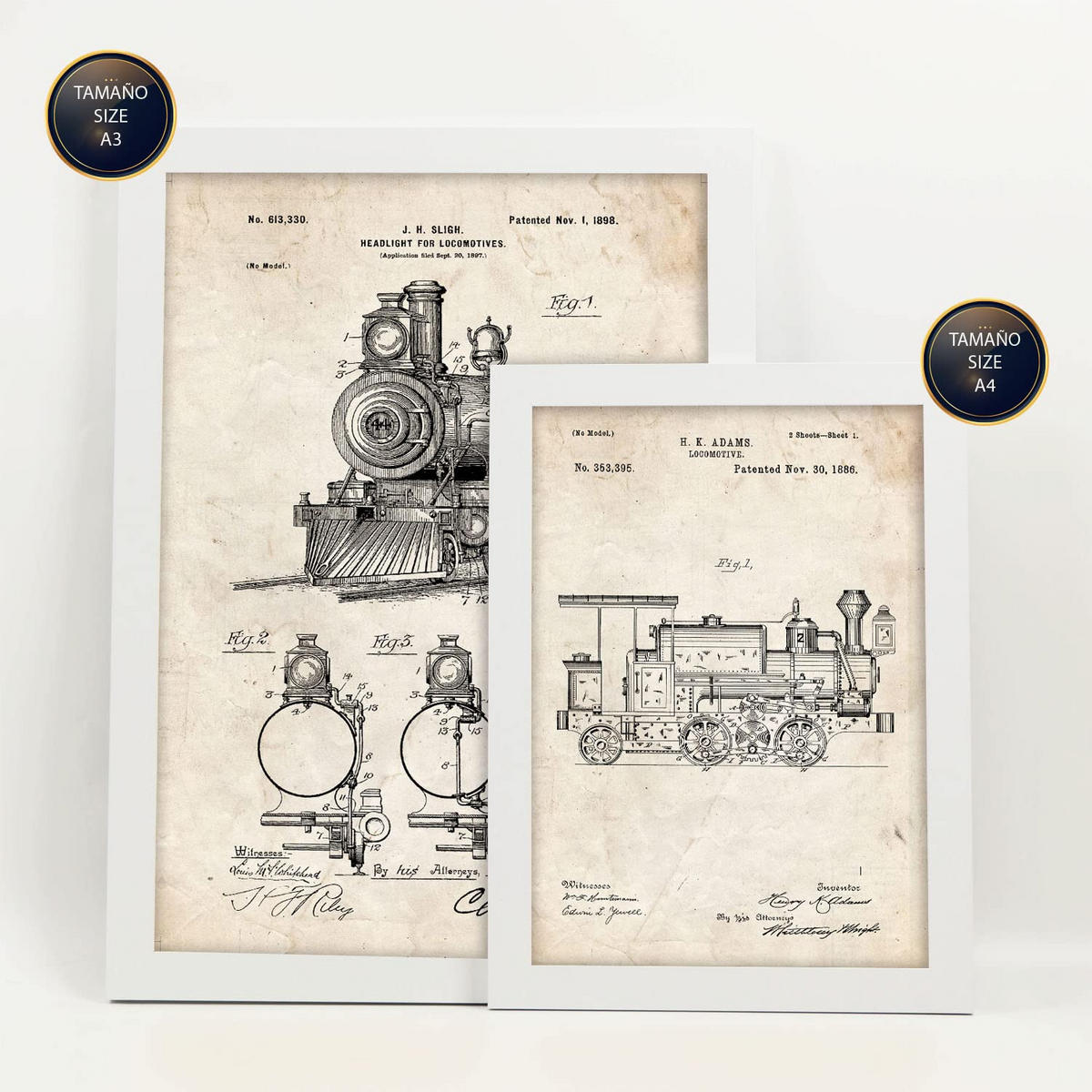 POSTER Set Mit 6 Plakaten Mit Zug Patenten Im Vintage Stil A3 & A4 Weißer Rahmen - Weiß, Papier (29/3cm) - Nacnic