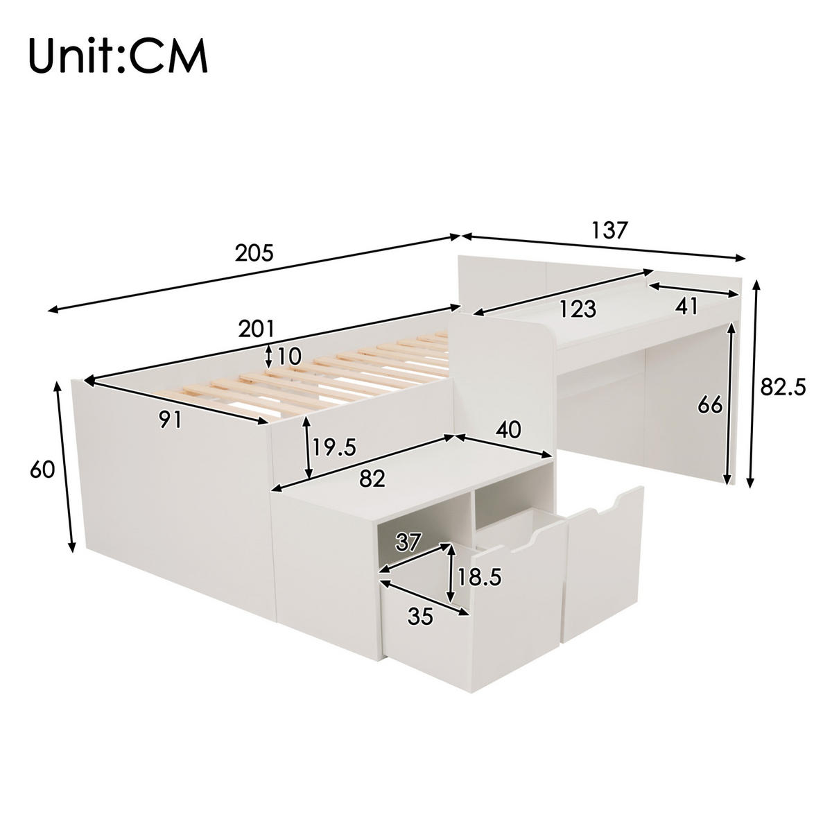 KINDEREINZELBETTEN aus Massivholz und MDF 90x200 cm in Weiß mit Schreibtisch & Schubladen - Weiß, Holzwerkstoff (90/200cm) - Modfu