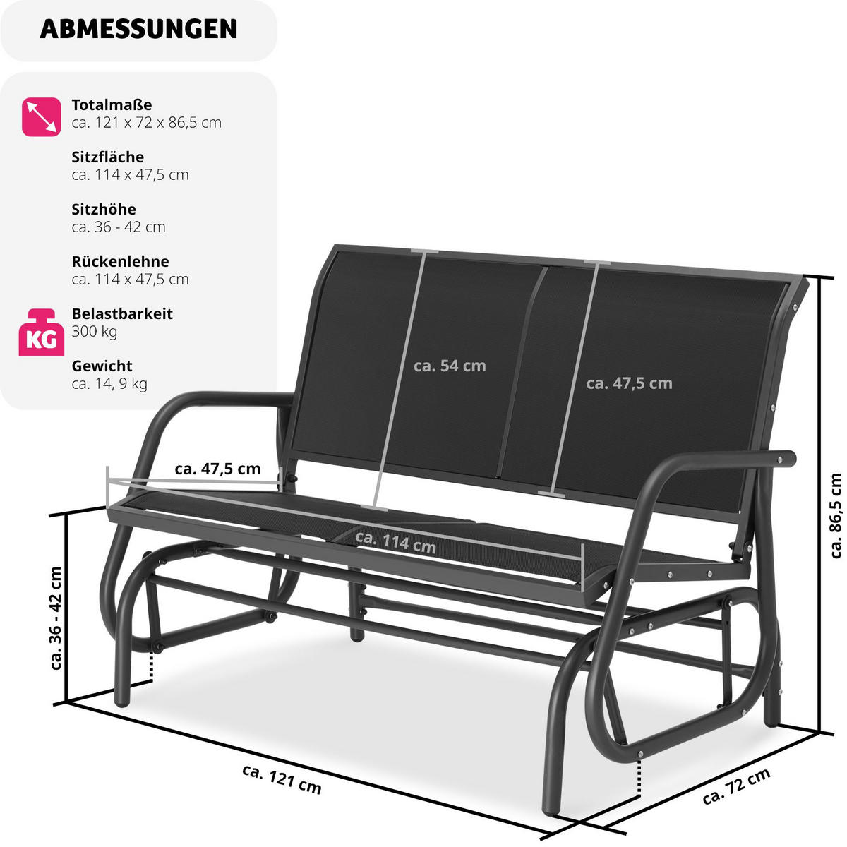 SCHAUKELBANK Greta,121 x 72 x 86,5 cm,schwarz - Schwarz, Metall (72/86.5/121cm) - tectake