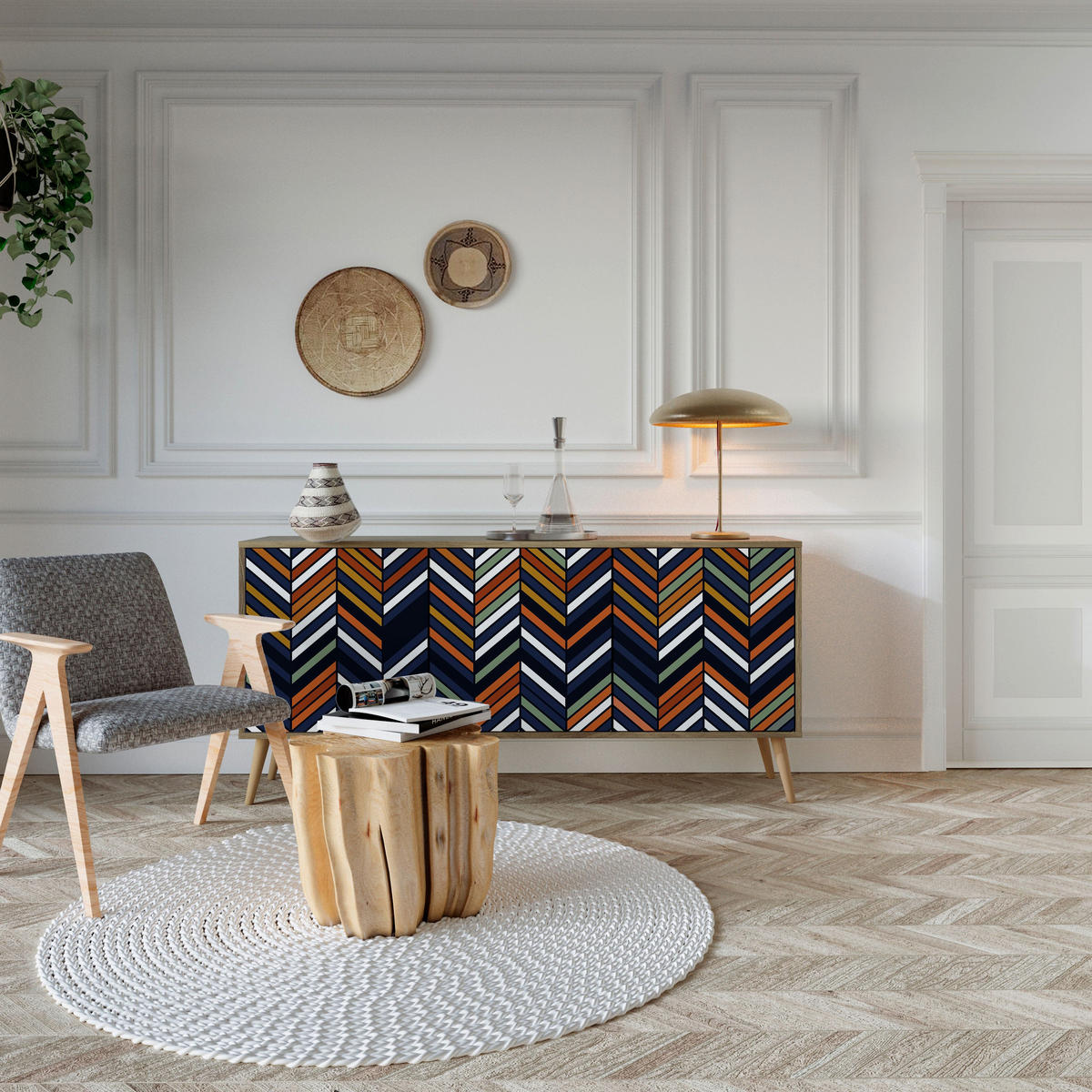 SIDEBOARD VIBRANT PATCHWORK, Eicheneffekt, 164,5x42x77,5 cm, 3 Türen - Eichefarben/Buchefarben, Holzwerkstoff/Buchenholz (164.5/77.5/42cm) - SpaceRebels
