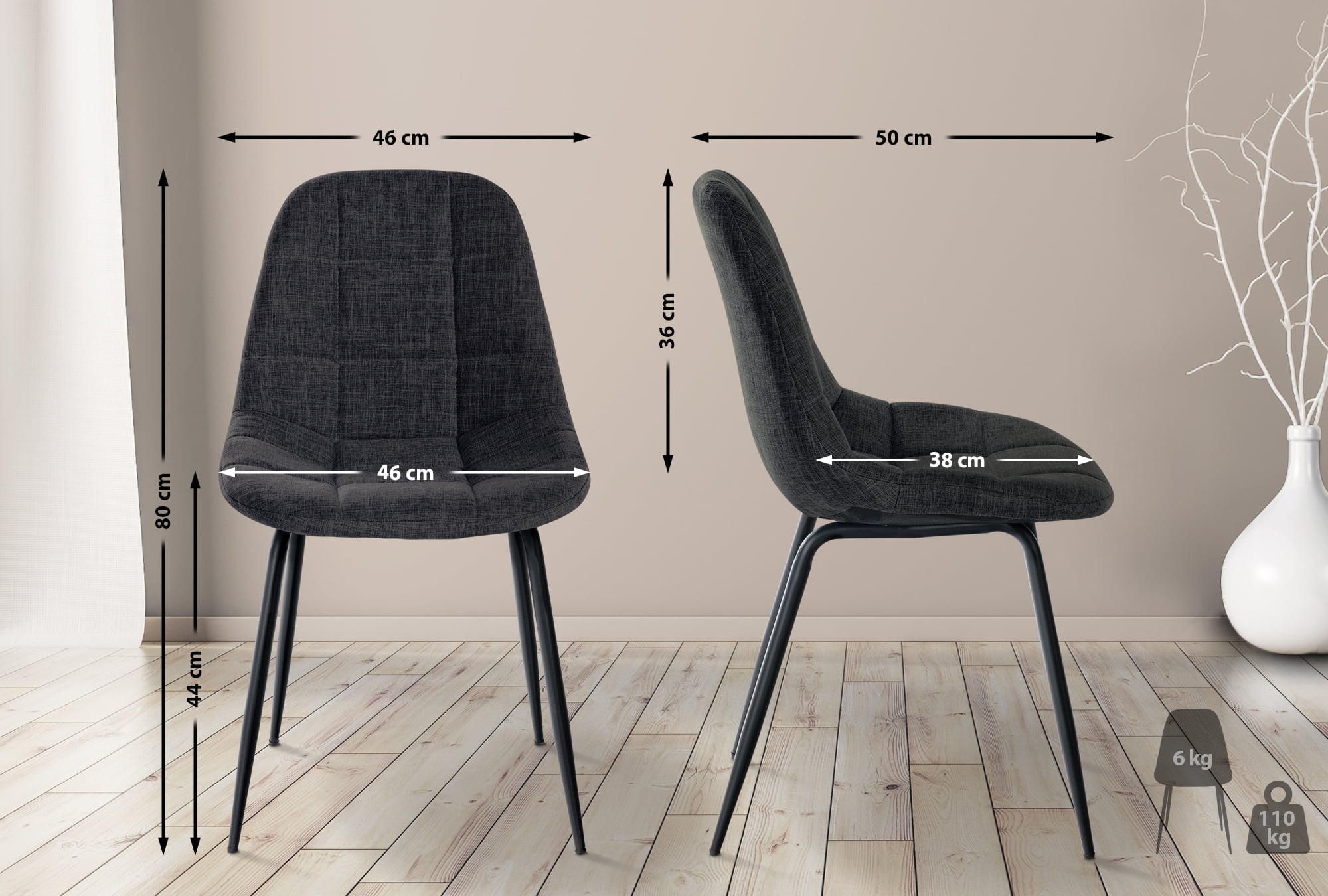 STUHL Stoff dunkelgrau - Dunkelgrau/Schwarz, Textil/Metall (46/82/52cm) - CLP