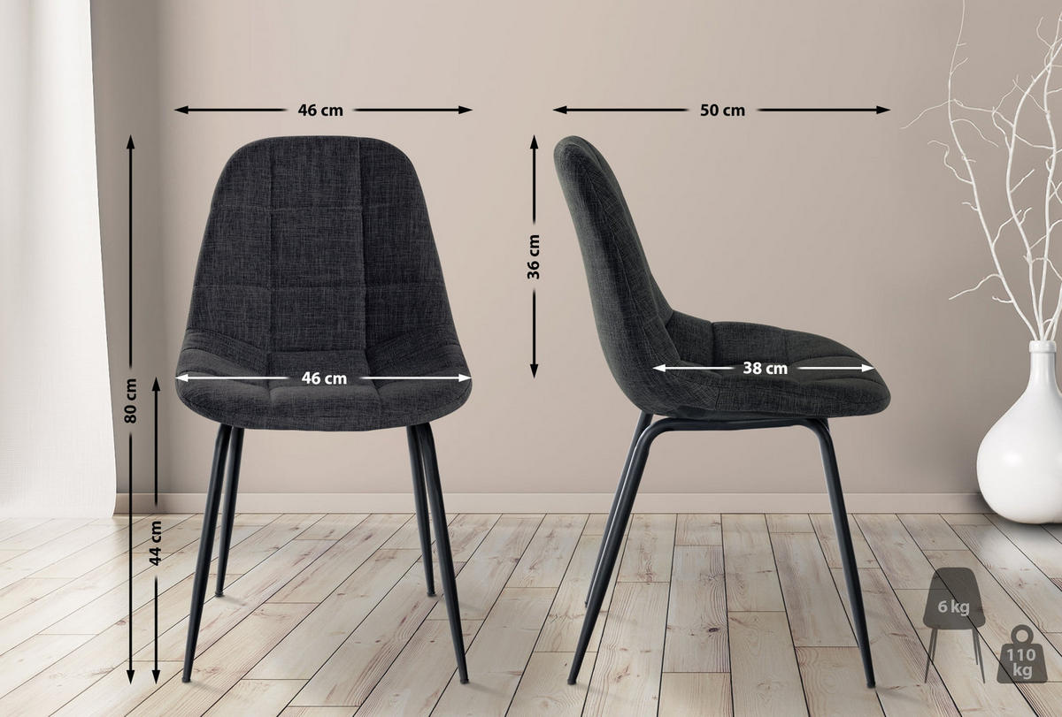 STUHL 2er Set Stoff dunkelgrau - Dunkelgrau/Schwarz, Textil/Metall (46/82/52cm) - CLP