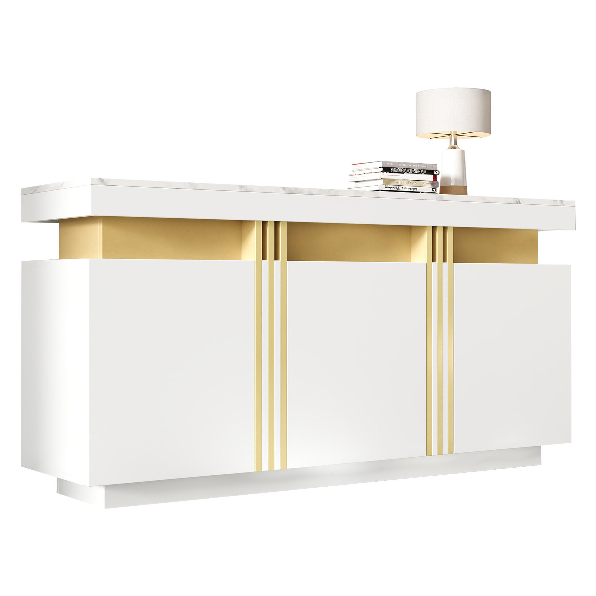 SIDEBOARD Weiß, mit Türen, Innenfächern und goldfarbenen Akzenten, 140/38/70 cm - Weiß, Holzwerkstoff (140/70/38cm) - WISHDOR