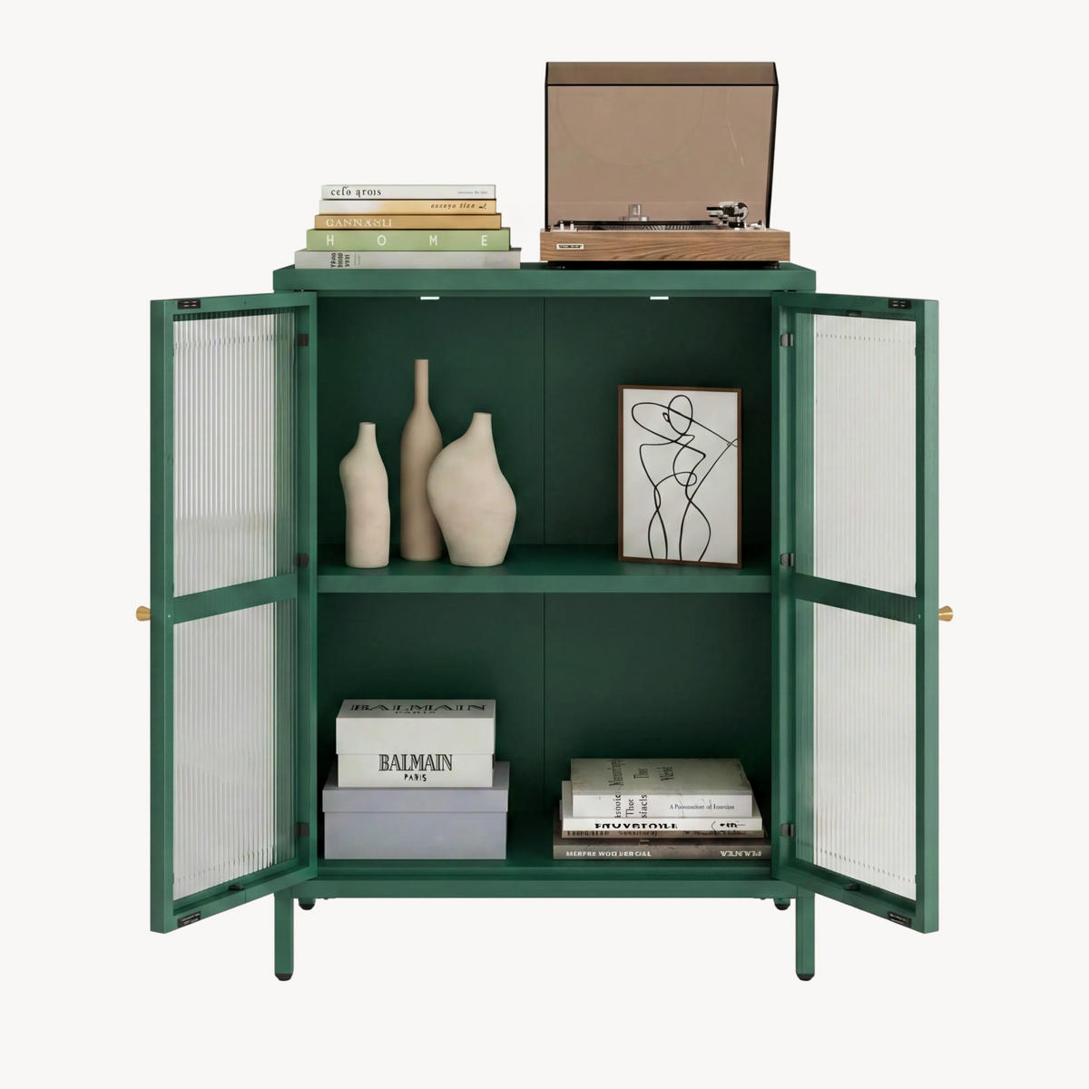 VITRÍNA Säkylä - tmavě zelená/průhledná, kov/sklo (64/84/35cm) - [en.casa]