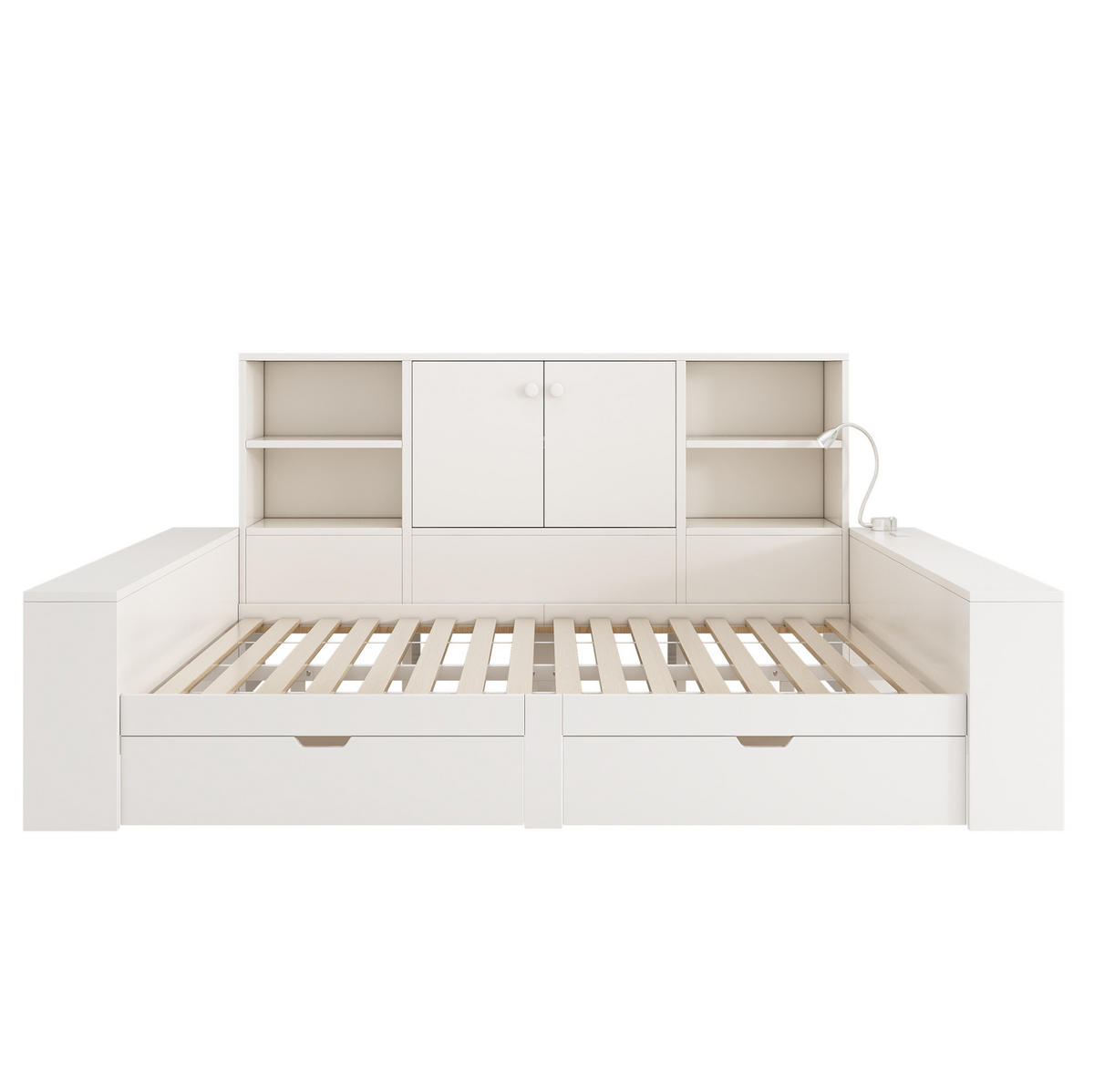 POSTEĽ s úložným priestorom 140/200 cm biela s USB, zásuvkami a policami z MDF a preglejky - biela, kompozitné drevo (140/200cm) - OKWISH