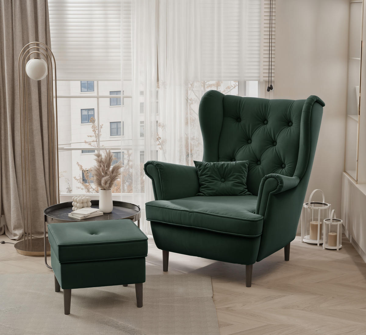 OHRENSESSEL SCANDI mit hocker, 75/60/103 cm, Grün - Waldgrün, Holz/Textil (75/103/60cm) - Idohome