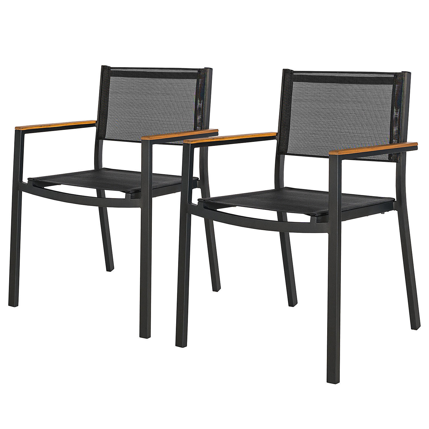 GARTENSTUHL MIT GITTERSTOFF - Textilene / Aluminium - Schwarz - 2er-Set - Schwarz/Braun, Holz/Textil (52/90/53cm) - home24
