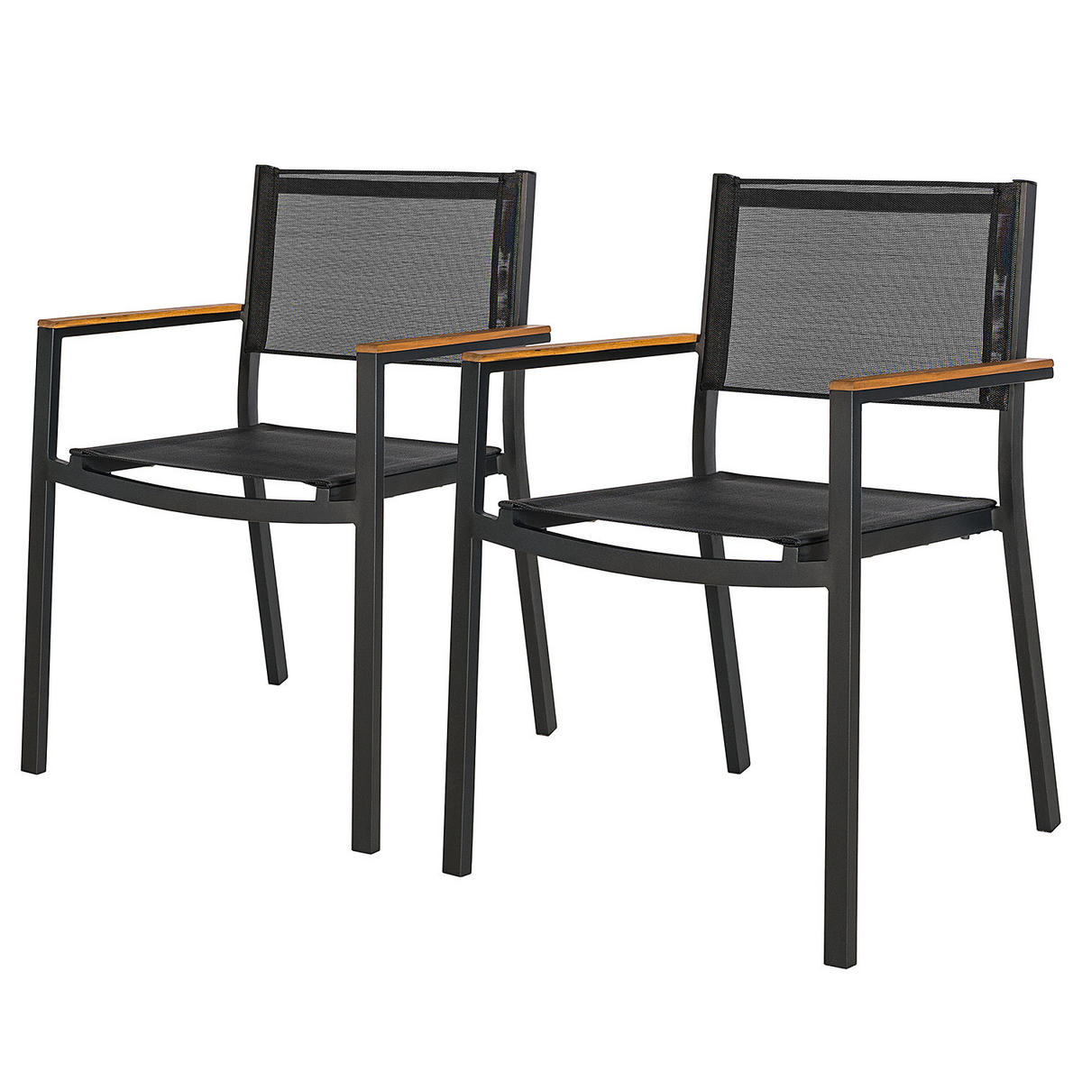 GARTENSTUHL MIT GITTERSTOFF - Textilene / Aluminium - Schwarz - 2er-Set - Schwarz/Braun, Holz/Textil (52/90/53cm) - home24