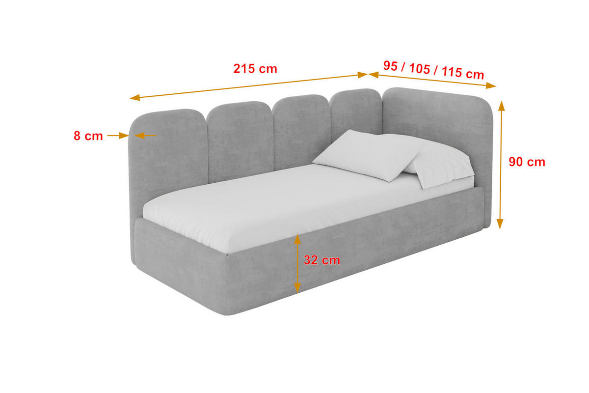 EINZELLBETT Jugendbett mit Bettkasten, Links - VELY 90x200 Grau - Hellgrau, Holzwerkstoff/Textil (90/200cm) - ALTDECOR