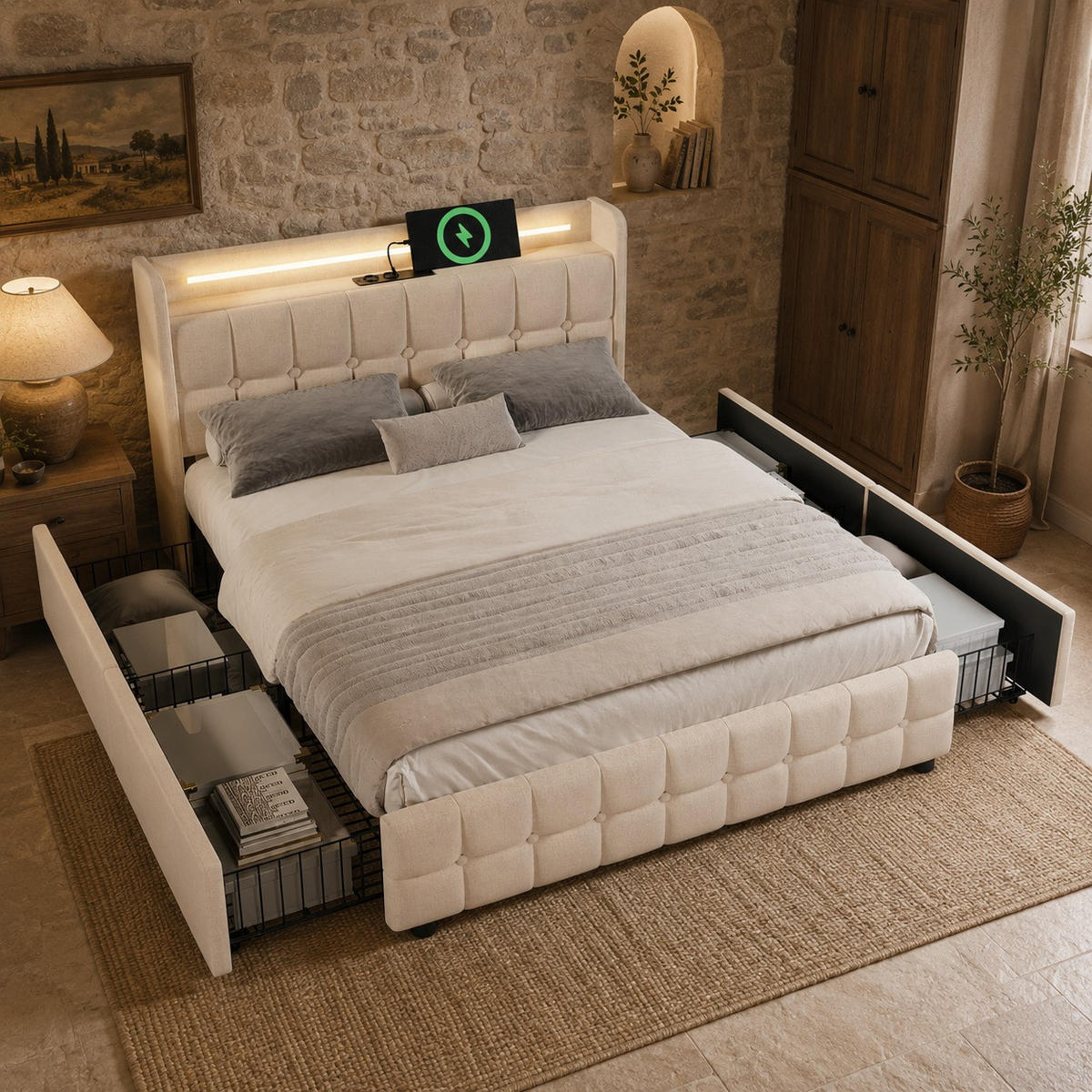 POLSTERBETT 180/200 cm Beige mit LED-Beleuchtung und 2 Schubladen, Ohne Matratze - Beige, Holz/Textil (180/200cm) - Oxeza
