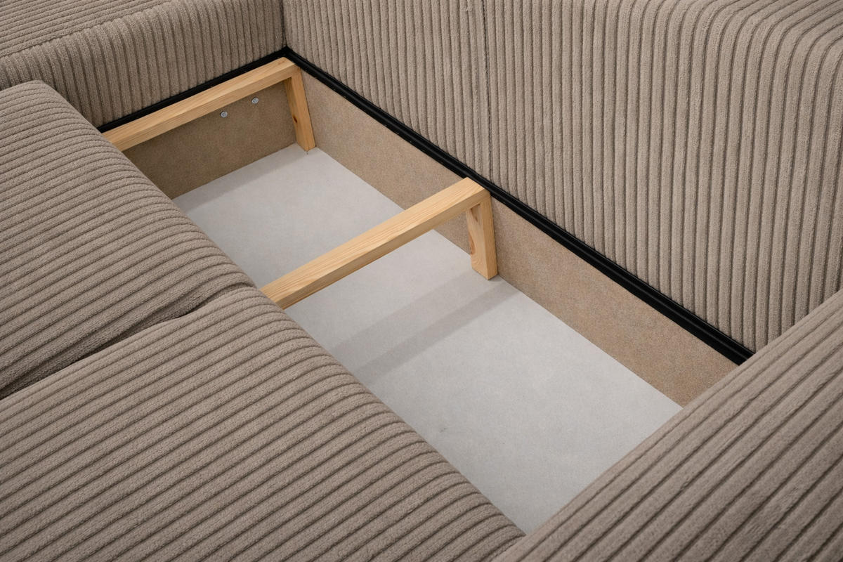 ECKSOFA Mit Schlaffunktion Und Bettkasten, Sofa L-Form Bingo L, Cordstoff Poso, Dunkelbeige, Links - Beige, Holz (250/142cm) - Kaiser Möbel