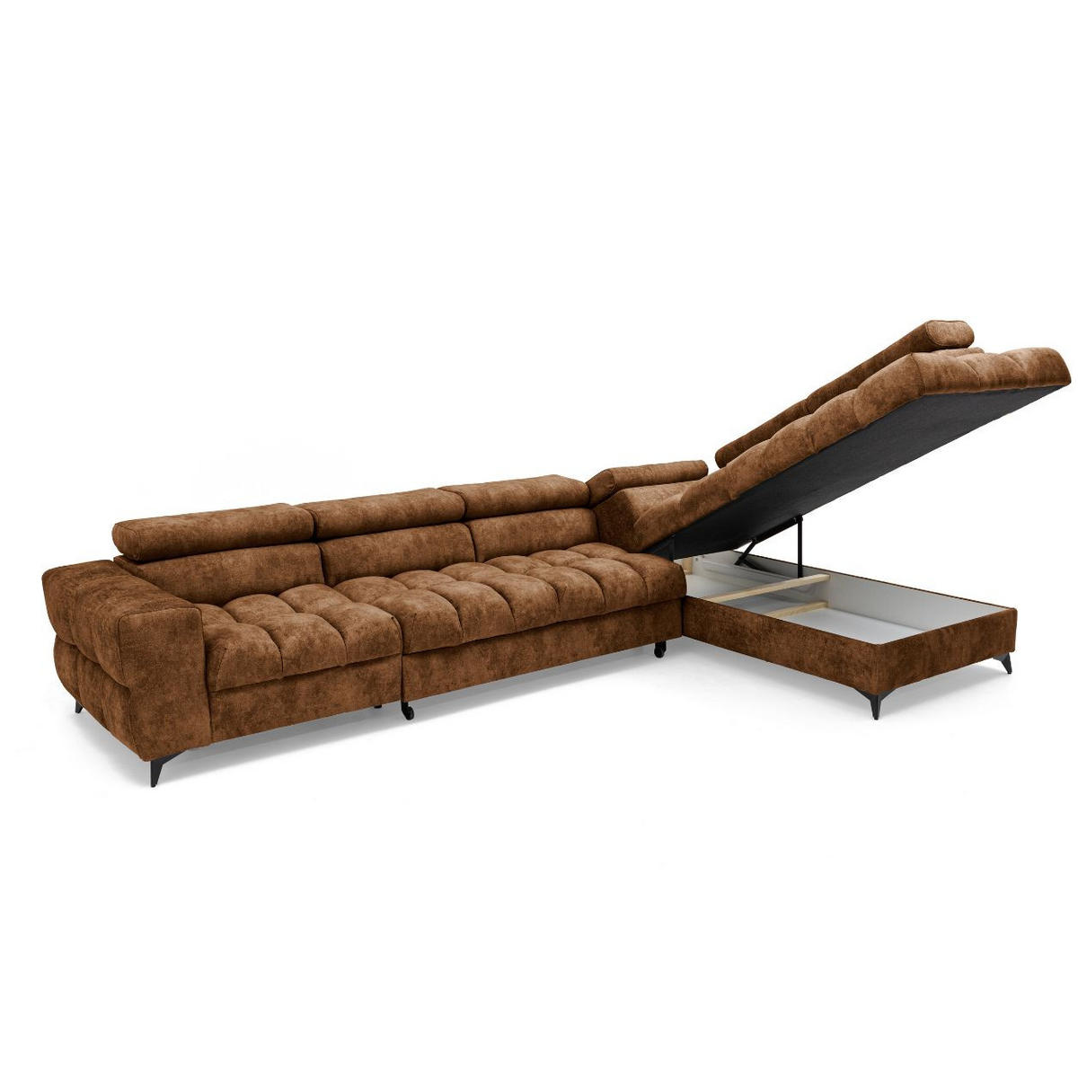 ECKSOFA PUDDING MAXI L Rechts mit Schlaffunktion 125x195 Velours Hellbraun - Hellbraun/Schwarz, Holz/Textil (203/350cm) - Muffo