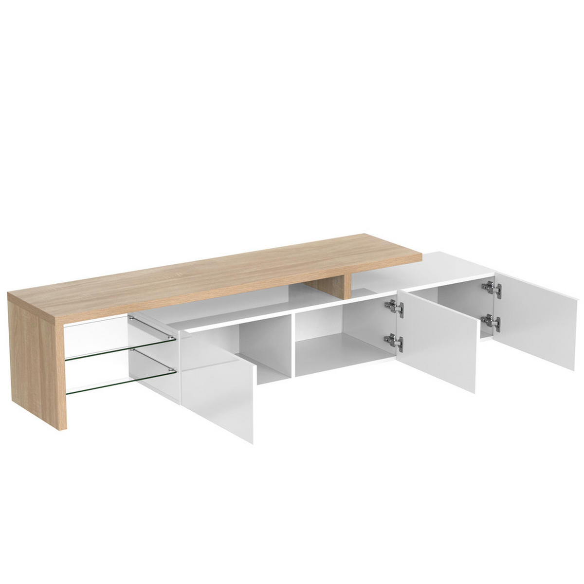 TV-SCHRANK Modern Hochglanzweiß Holzoptik Glasböden LED-Beleuchtung - Weiß, Holz (48/13/172cm) - FLIEKS