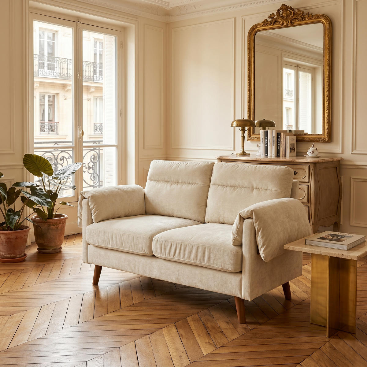 2-SITZER-SOFA aus beigem Chenille, kompakt und platzsparend - Beige, Textil (70/85/124cm) - Urban Meuble