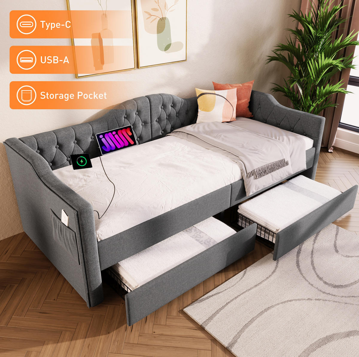 POLSTERBETT 90/190 cm Grau mit USB- und Type-C-Anschlüssen und 2 Schubladen - Grau, Textil (90/190cm) - OKWISH
