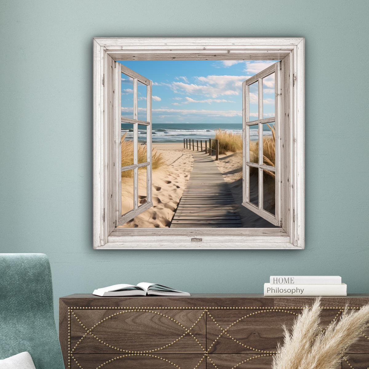LEINWANDBILD Fenster - Meer - Küste - Natur - Ausblick - Strand - Wattenmeer 90x90 cm - Beige, Textil (90/90cm) - MuchoWow