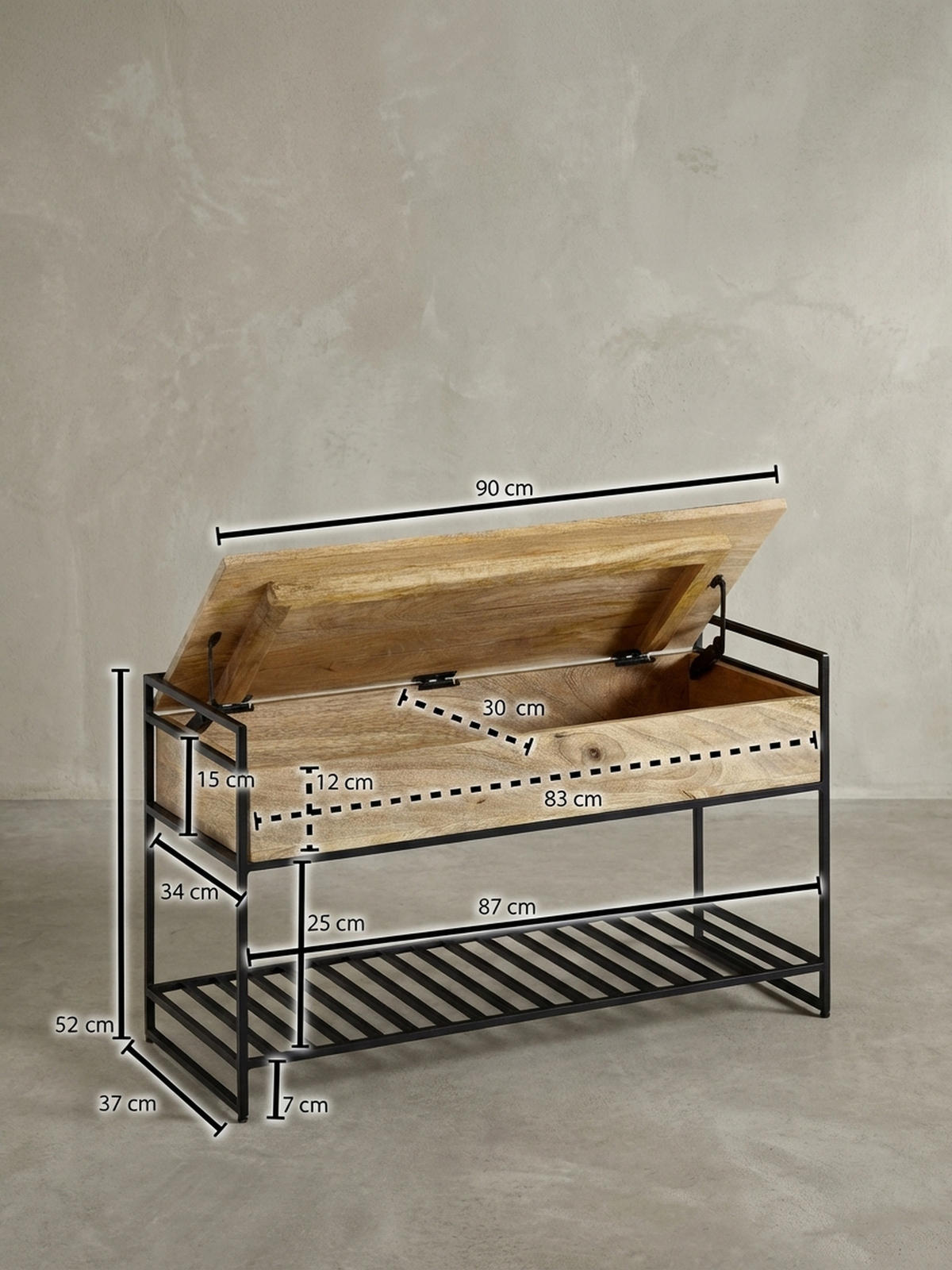 FLURBANK Holz Metall Sitzfläche hochklappbar, Beige 90x38x52 cm - Beige/Schwarz, Holz/Metall (90/52/38cm) - KADIMA DESIGN