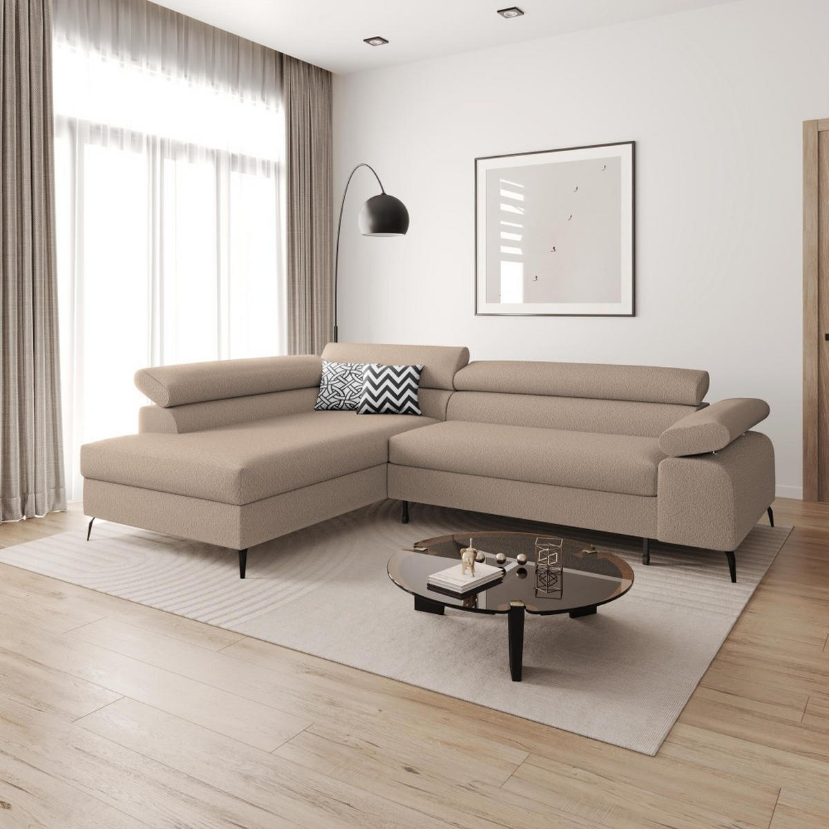 ECKSCHLAFSOFA Mellow mit Bettkasten, Hellbraun, links - Hellbraun/Schwarz, Textil (270/205cm) - Beautysofa