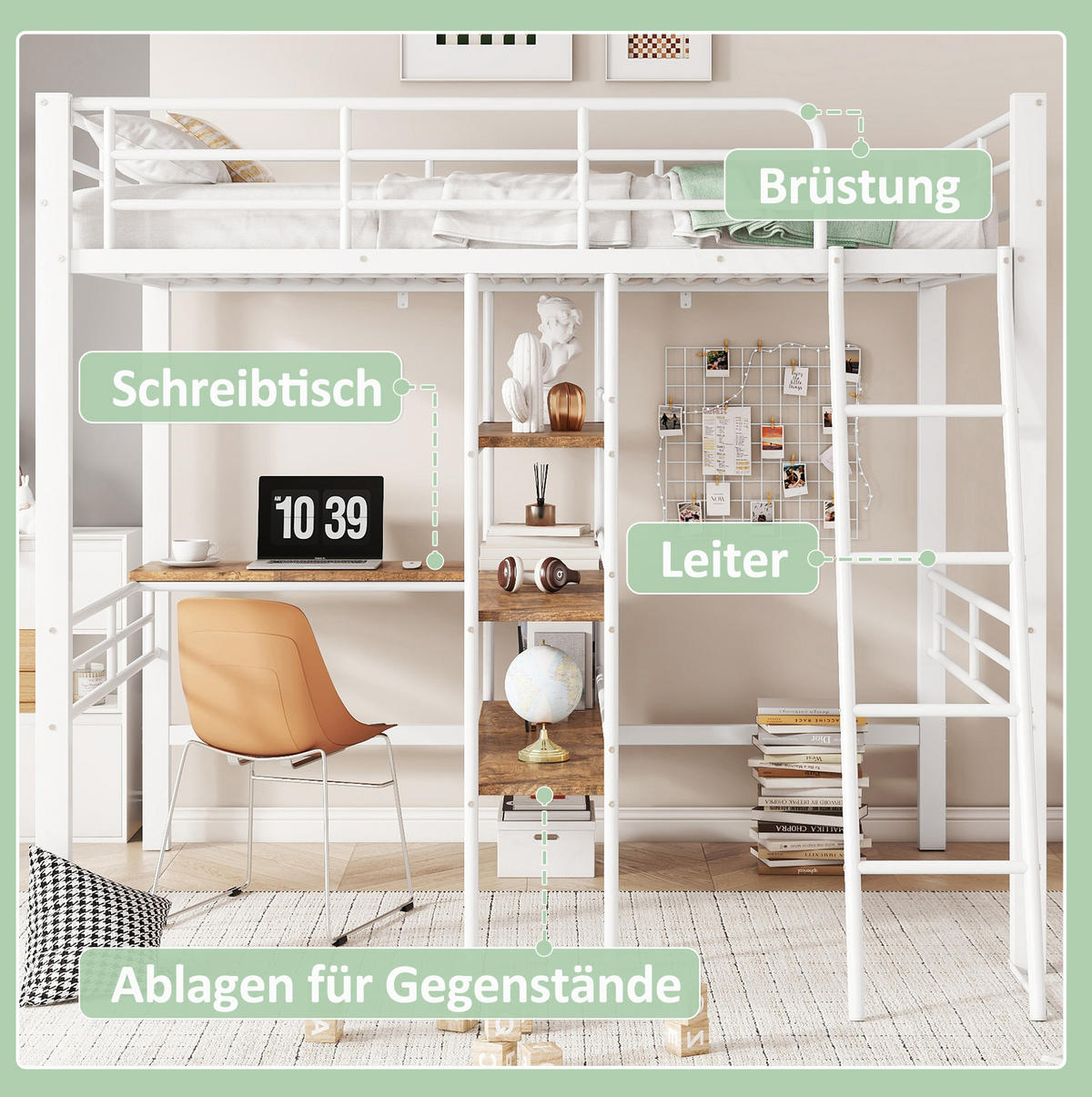 HOCHBETT 90/200 cm mit Schreibtisch, Regalen, Leiter und Geländer aus Metall, Weiß - Weiß, Metall (90/200cm) - Redom