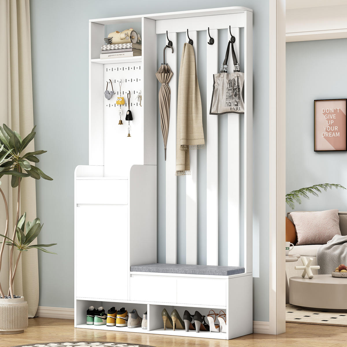 FLURGARDEROBE 100/35/180 cm aus MDF mit Sitzbank und Stecktafel Weiß - Weiß, Holzwerkstoff (100/180/35cm) - Modenvie