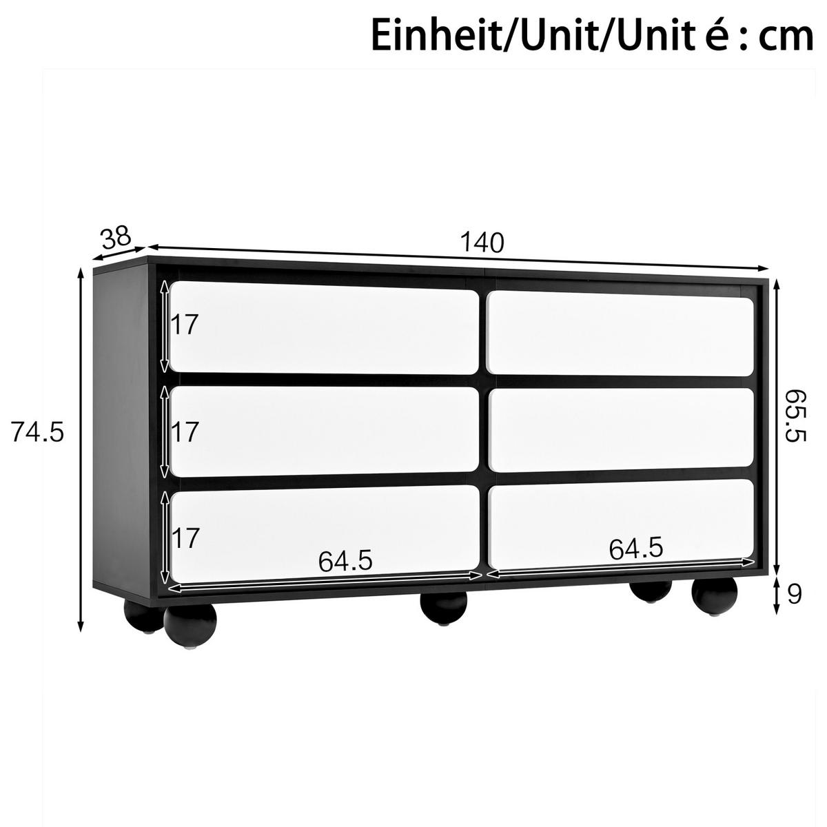 KOMMODE 6 Schubladen, modernes Design, für Wohnraum - Weiß, Holz (140/74/38cm)