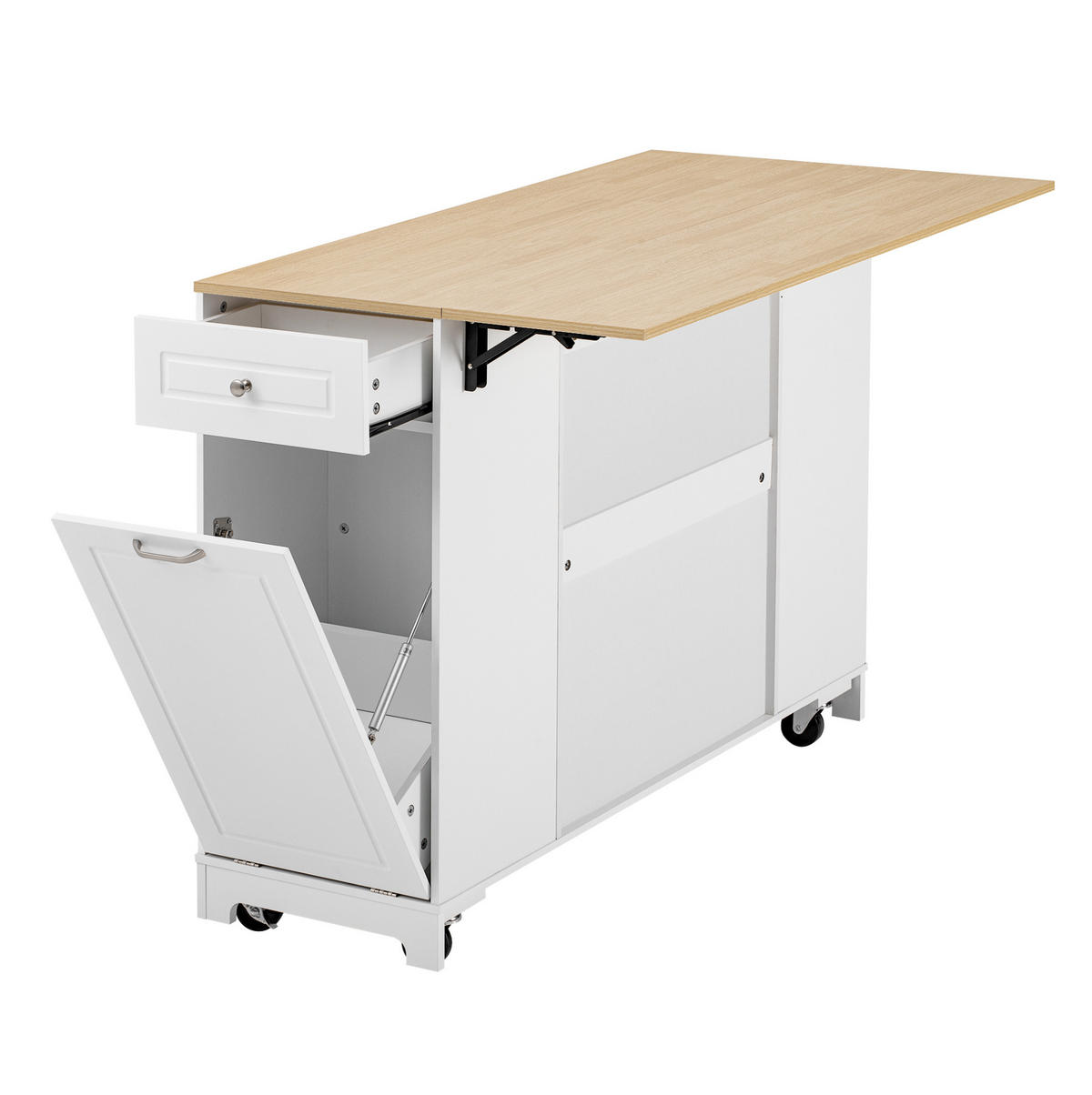 KUECHENINSEL mit Rollen und Ausziehplatte 131,8 x 40-70 x 93,3 cm Weiß/Natur - Weiß, Holz (40/93.3/131.8cm) - Beauniv