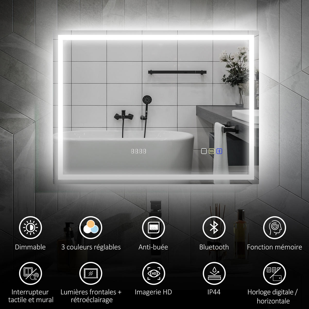 BADSPIEGEL -LEDmit Bluetooth, Touch-Schalter, Antibeschlag, 60 x 80 cm , silber - Silberfarben, Glas (80/60/3.5cm) - Vallsero