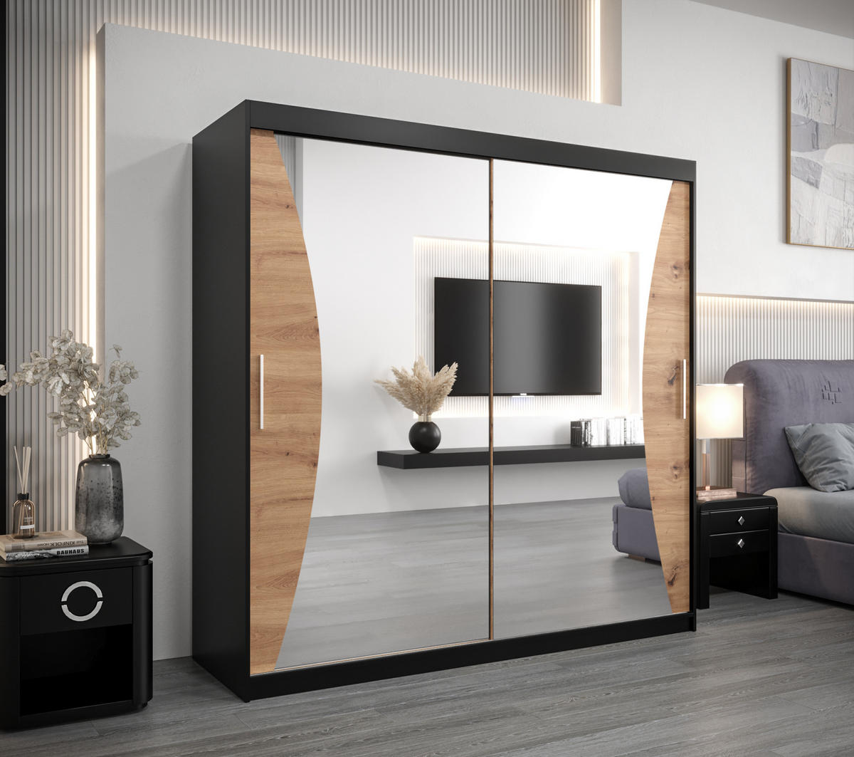 SCHWEBETÜRENSCHRANK 200/200/62 2-türig - Silberfarben/Schwarz, Holz/Kunststoff (200/200/62cm) - Abiks Möbel