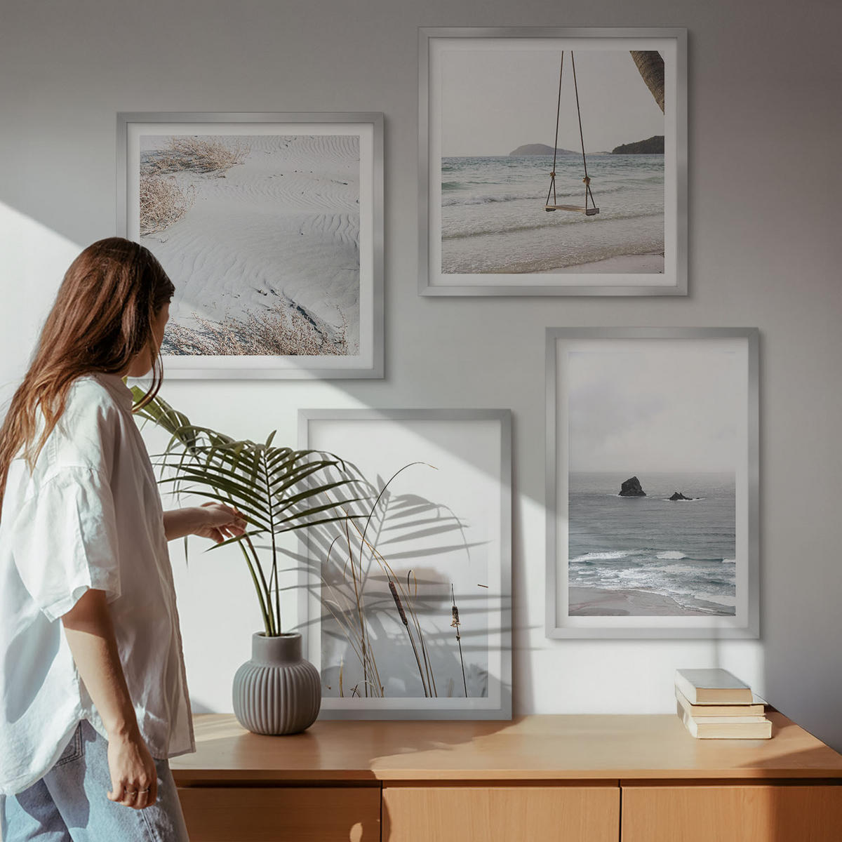 BILDER SET 4er Set - 50x50 cm & 40x60 cm Silberner Rahmen - Vegetation am Wasser im Sommer - Silberfarben, Kunststoff (50/50cm) - TULUP