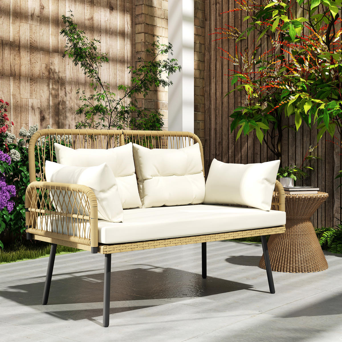 RATTANSOFA 2-Sitzer mit Auflagen Weiß 115/61/82 cm - Beige/Schwarz, Textil/Metall - Outsunny