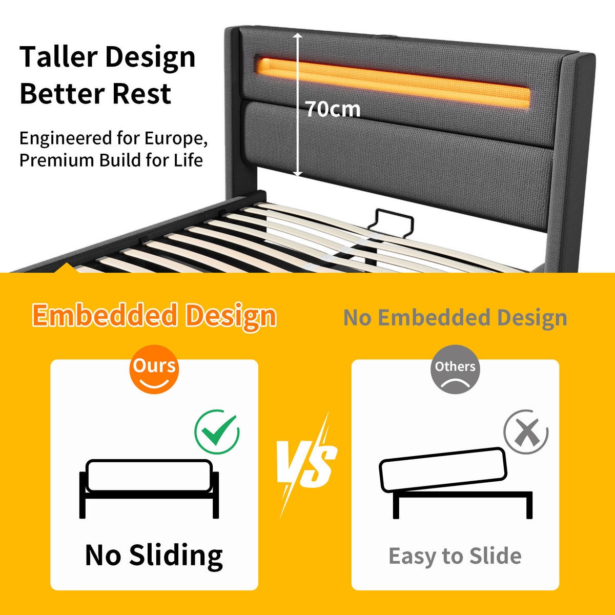 DOPPELBETT 160X200 cm mit LED USB Typ C - Grau, Holz (160/200cm) - FLIEKS