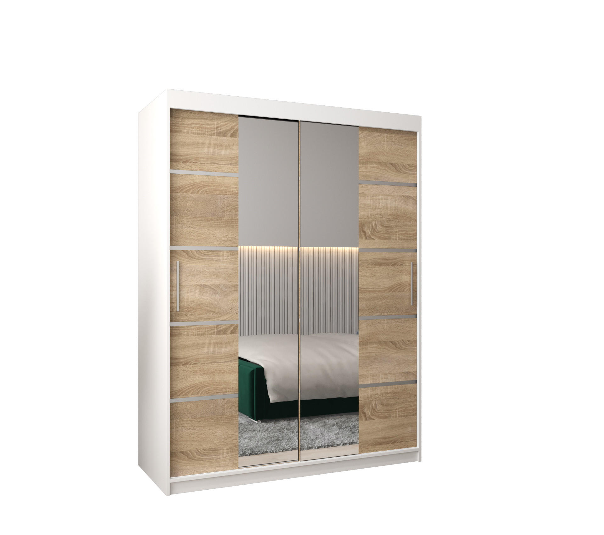 Abiks Möbel SCHWEBETÜRENSCHRANK Weiß, Sonoma Eiche, Silber 150cm × 62cm × 200cm