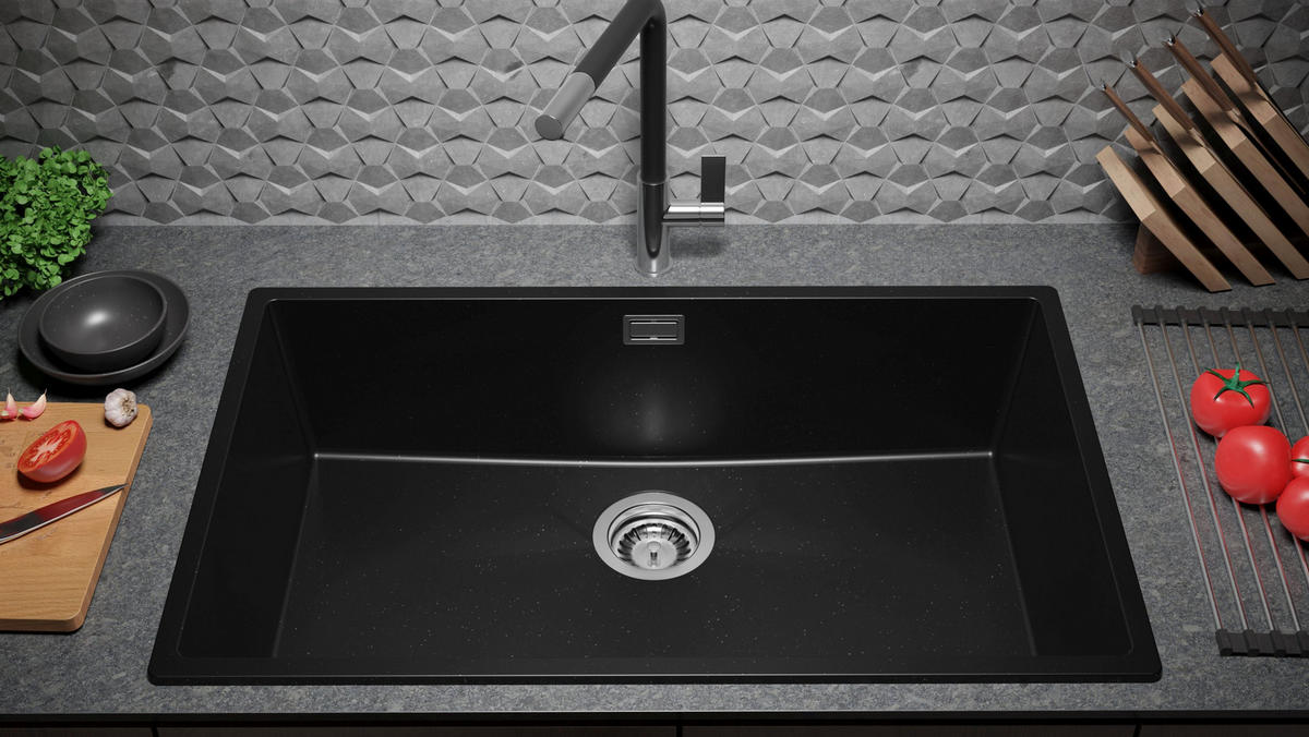 SPÜLBECKEN London Slim, 2-er set Schwarz Metallic 76/47 cm 1 Becken + Ablauf-Set ab 80er Unterschrank - Chromfarben/Schwarz Hochglanz, Kunststoff (76/20/47cm) - Primagran