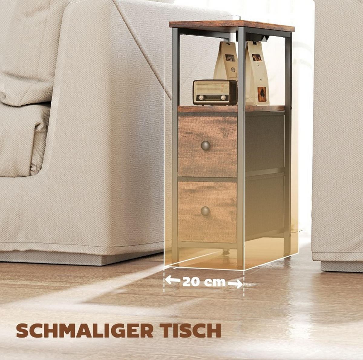 BEISTELLTISCH 20/40/63 cm in Rustikal-Braun mit Ladestation und 2 Stoffschubladen - Braun, Holz (40/20/63cm) - Flora Grace