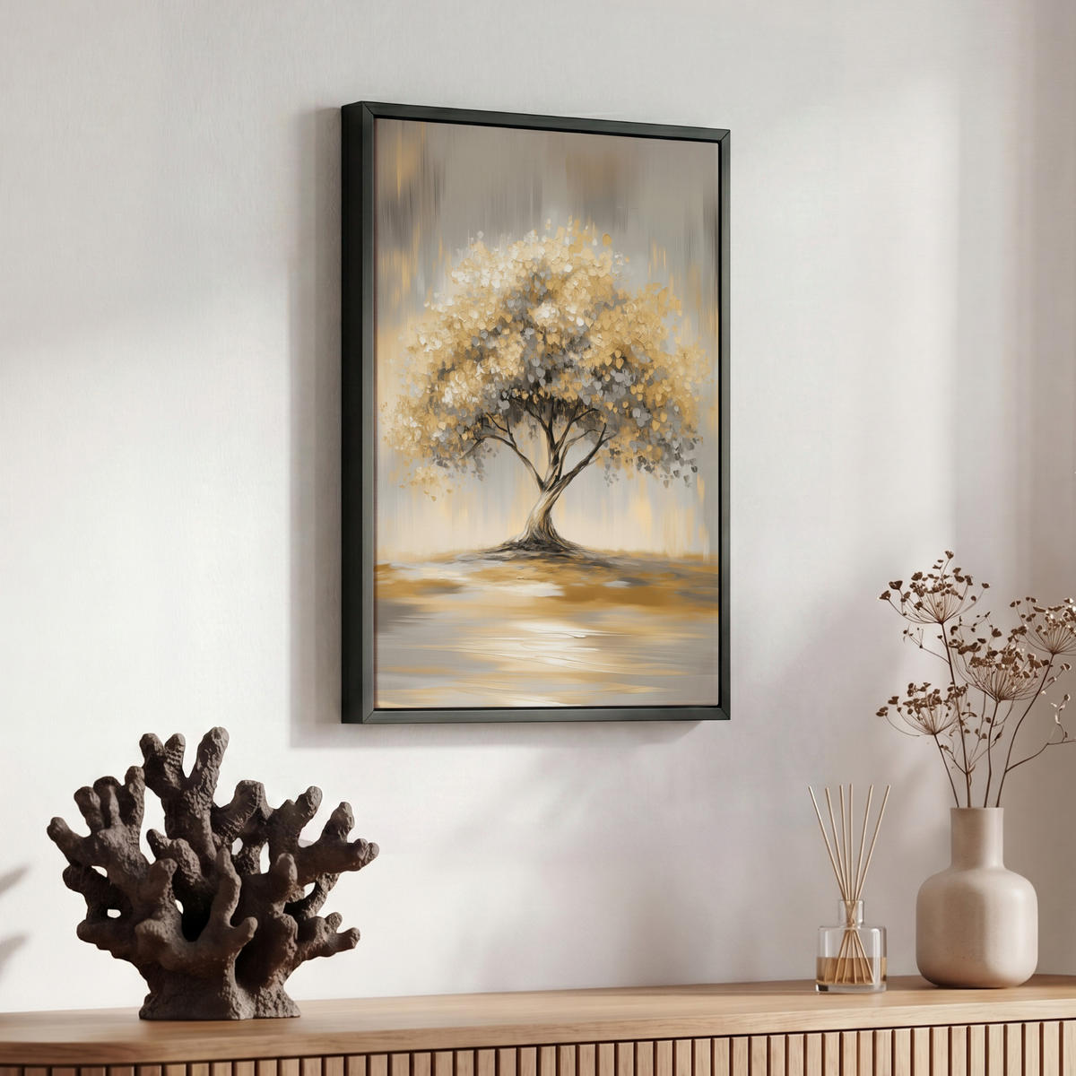 LEINWAND Bilder mit Rahmen - Gemälde - Baum - Abstrakt - Blätter - 30x40 - Beige, Textil (30/40cm) - MuchoWow