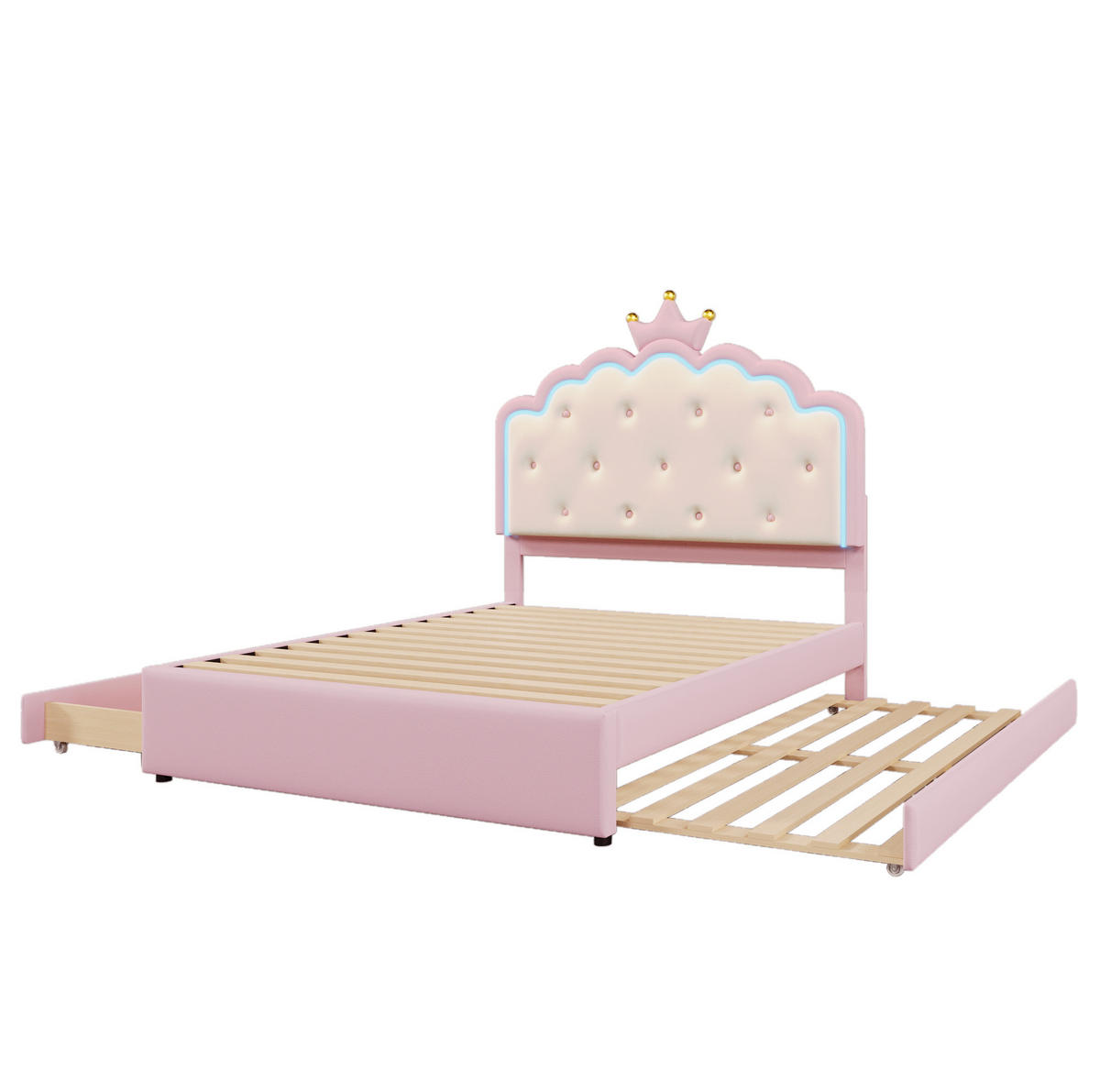 POLSTERBETT 140/200 cm mit LED-Beleuchtung, Ausziehbett, 2 Schubladen und Lattenrost aus PU, Rosa - Rosa, Kunststoff (140/200cm) - Redom