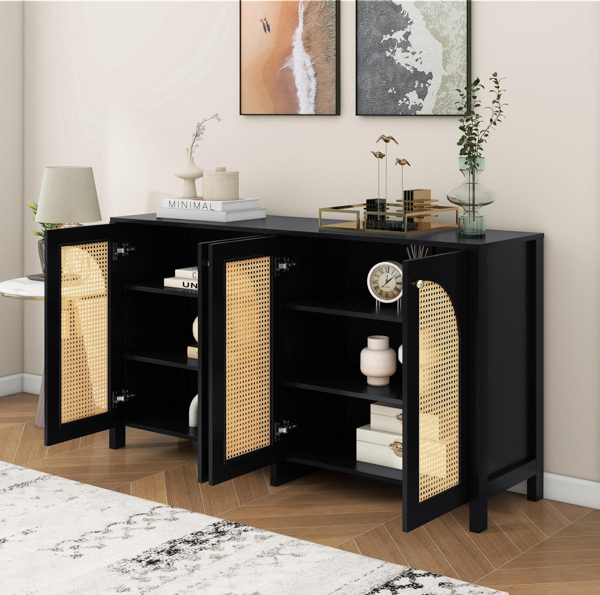 SIDEBOARD in Schwarz mit 4 Rattantüren und verstellbarem Regal,145/40/80 cm - Schwarz, Holzwerkstoff (145/40/80cm) - Flora Grace