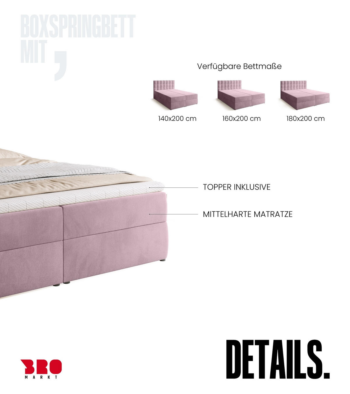 BOXBETT Detroit mit Topper 180/200 Rosa - Rosa, Holzwerkstoff/Textil (180/200cm) - Bromarkt