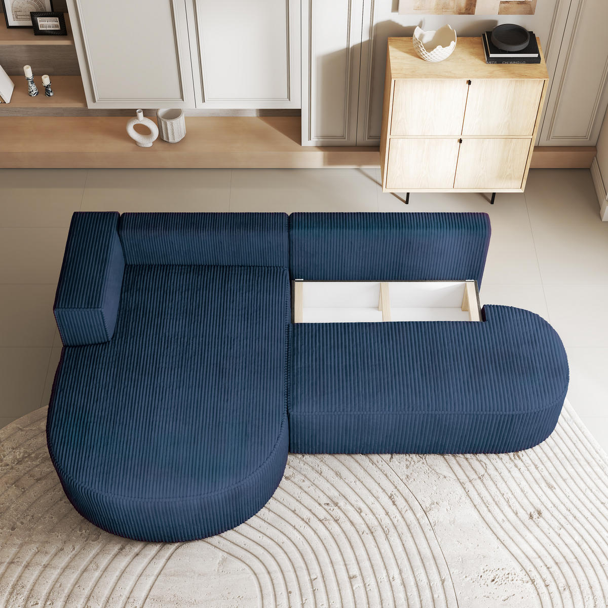 ECKSOFA CORTIO P L-S Blau Kordstoff mit Schlaffunktion - Blau, Holz (265/174cm) - MASSENO