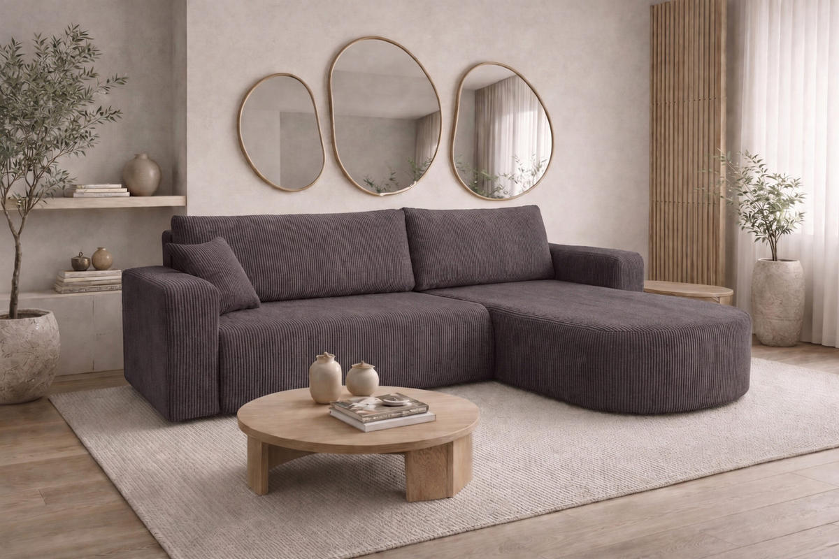 ECKSOFA Mit Schlaffunktion, Cordstoff Poso, Dunkelgrau, Rechts, ROUND ONE XL - Dunkelgrau, Holz (271/175cm) - Kaiser Möbel