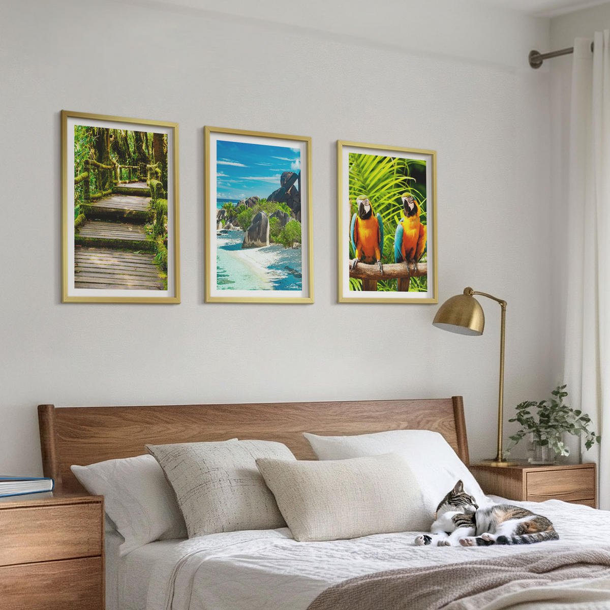 WANDBILDER 3er Set - 40x60 cm Goldrahmen - Tropischer Wald Papageienwasserfall - Goldfarben, Kunststoff (40/60cm) - ArtPrintCave